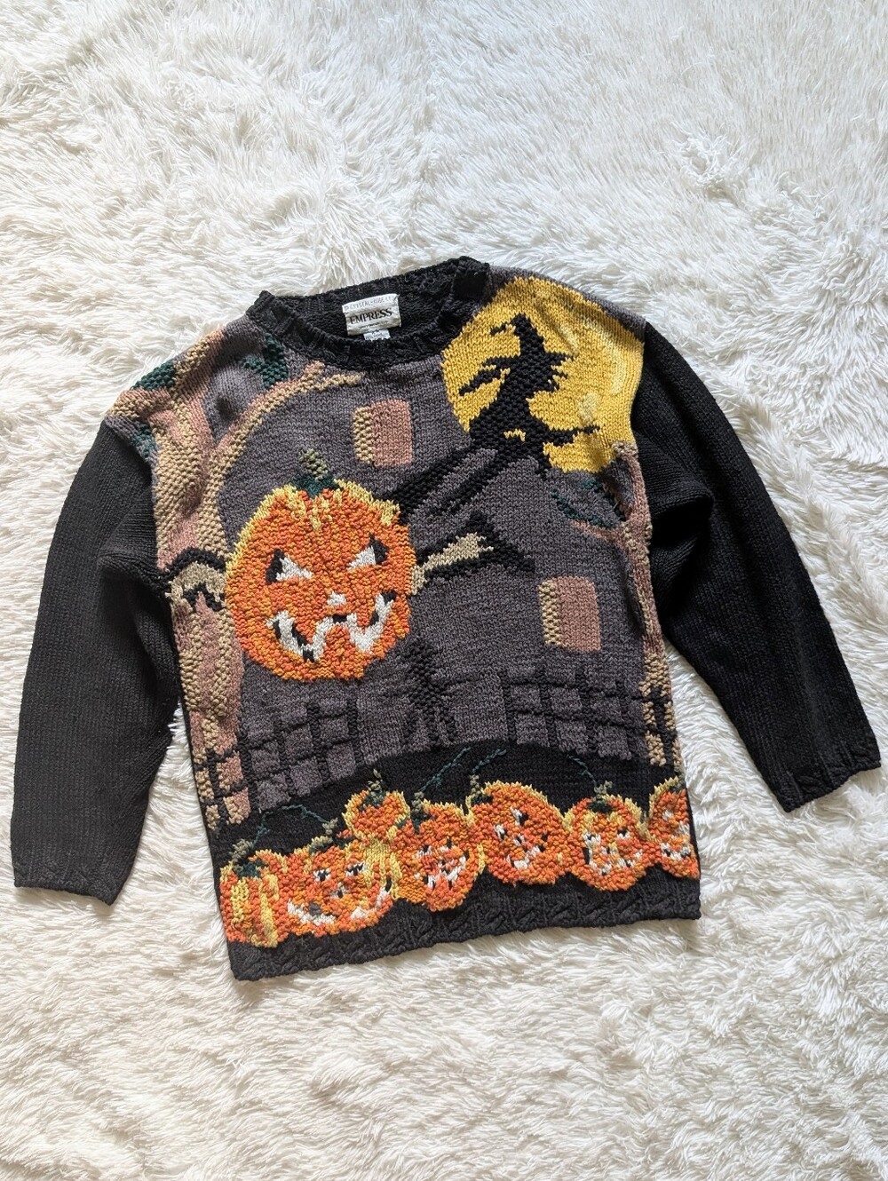 80s Vintage Crystal Kobe Halloween Jack-o'-lanterns & Flying Witch Knit Sweater